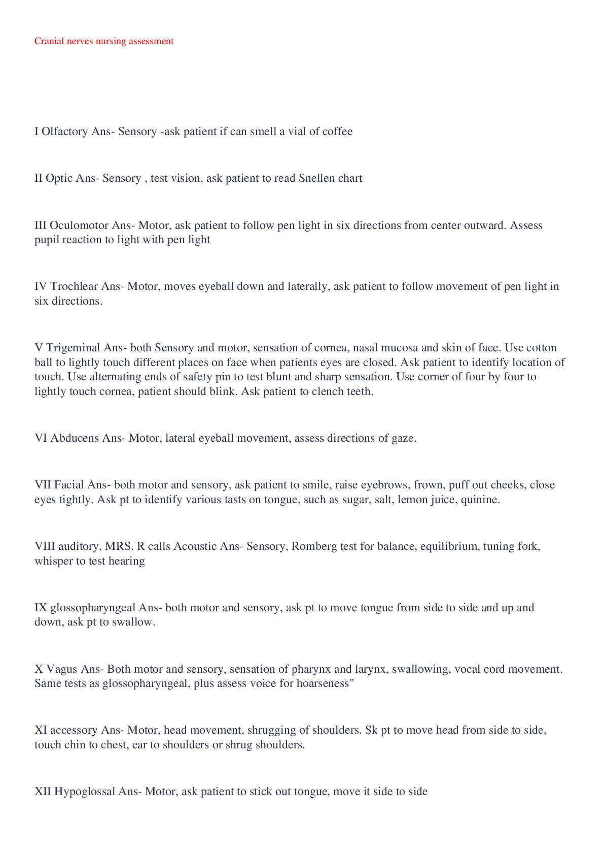 Preview image of Cranial nerves nursing assessment document